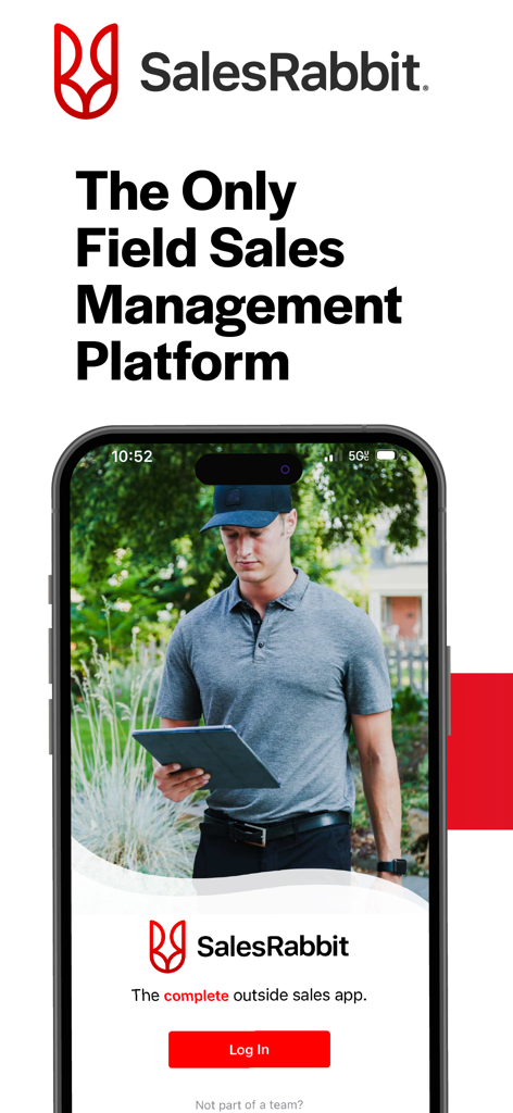 SalesRabbit - SalesRabbit app login screen on an iPhone featuring a field sales professional using a tablet outdoors