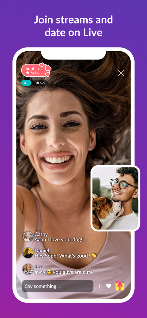 A live stream on the MeetMe app showing a female creator interacting with real-time user chat and virtual gifts.