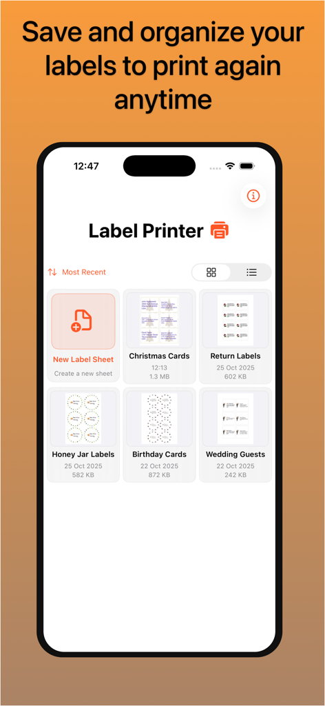 Panel de la aplicación Impresora de Etiquetas mostrando hojas de etiquetas organizadas para tarjetas navideñas, direcciones de remitente y frascos de miel.