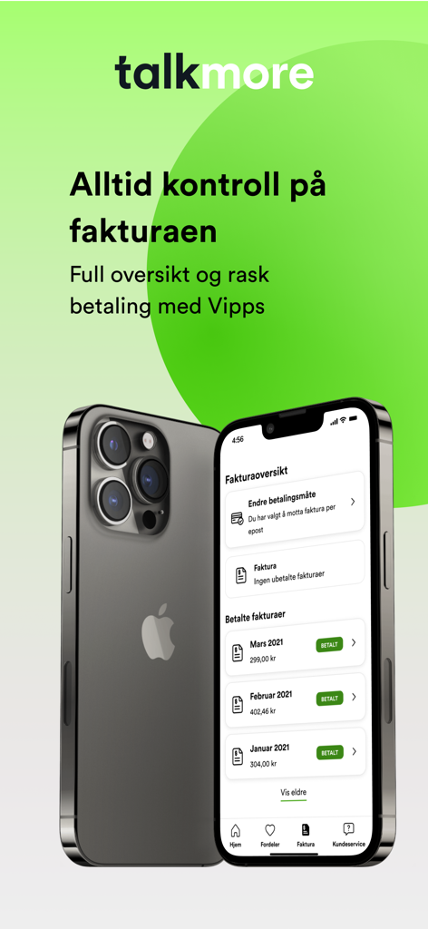 Talkmore App Rechnungsübersicht auf einem iPhone, die eine Liste bezahlter Monatsrechnungen und Zahlungsoptionen zeigt