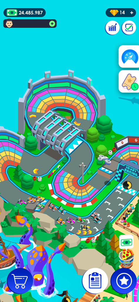 Top down view of a colorful go kart racing attraction in the Idle Theme Park Tycoon mobile game