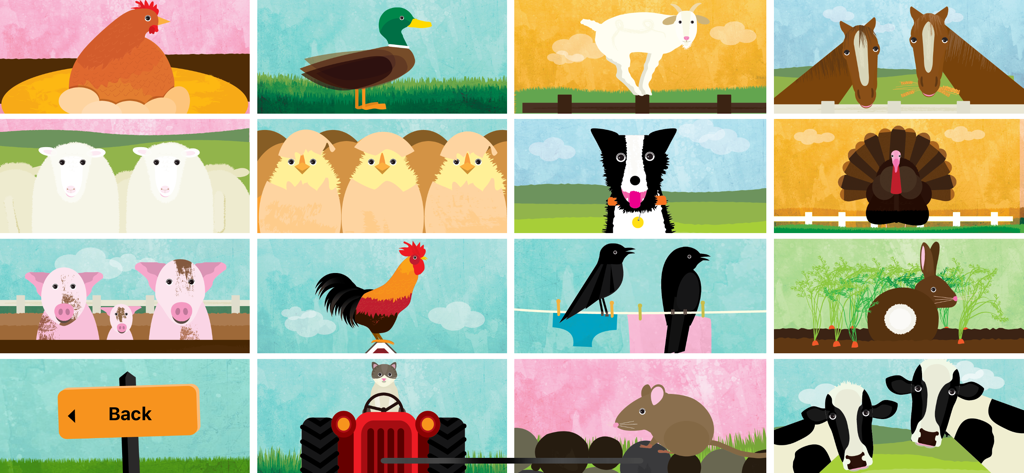 Una colorida cuadrícula de ilustraciones de animales de granja dibujadas a mano para niños pequeños.