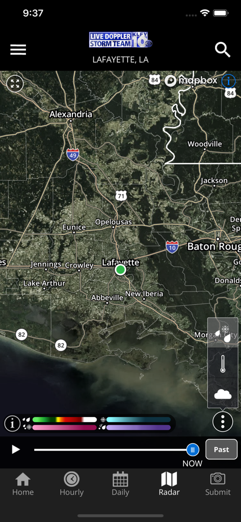 KLFY Forecast First and Radar - Screenshot of the KLFY Forecast First app showing an interactive weather radar map for Lafayette Louisiana and the surrounding Acadiana region