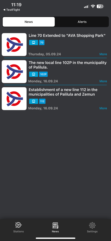 Beograd Plus - Beograd Plus app news screen displaying transit line updates and alerts