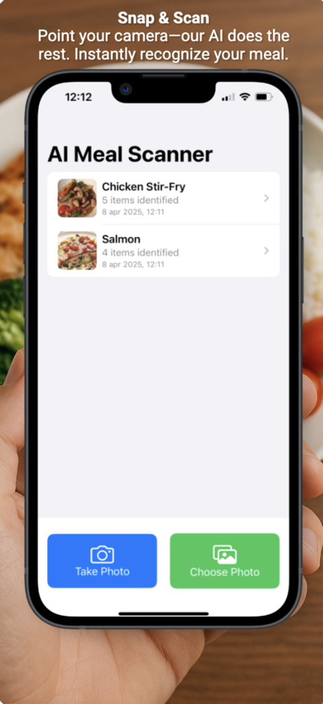 AI Meal Scanner - AI Meal Scanner mobile app screen displaying a list of identified meals and photo upload options