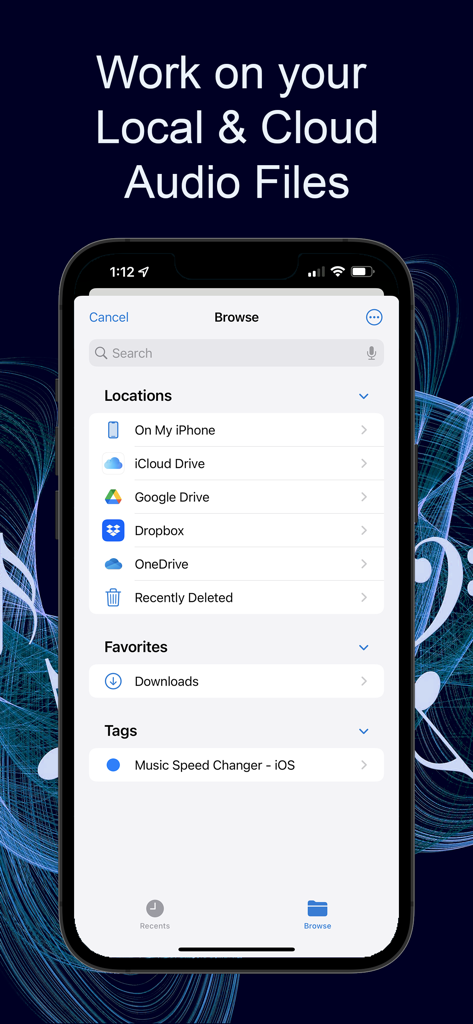 Interfaz que muestra opciones para importar archivos de audio desde ubicaciones de almacenamiento local y en la nube