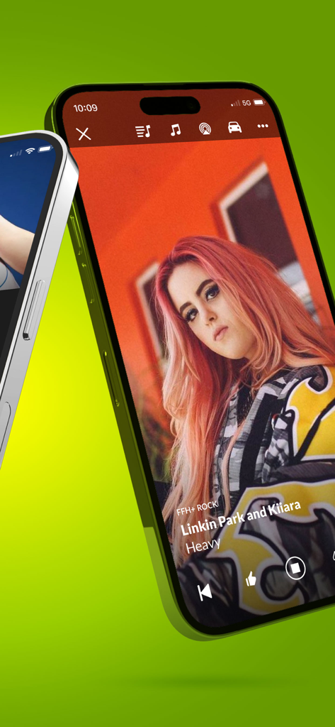 HIT RADIO FFH music player interface on an iPhone displaying the FFH+ Rock stream