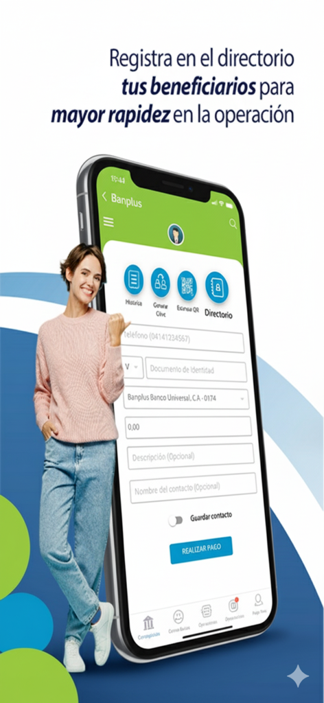 Banplus Móvil - Banplus Movil app interface for managing beneficiary directory and making quick mobile payments