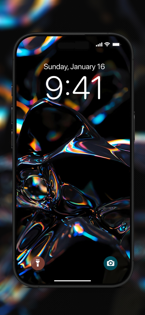 Amoled Wallpapers 4K - HD - iPhone lock screen showing a dark abstract AMOLED wallpaper with colorful glossy highlights.