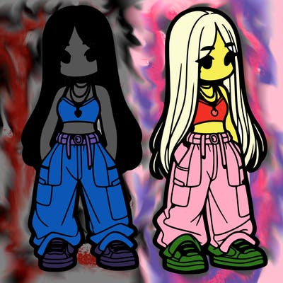 girl in baggy pants crop top and long hair