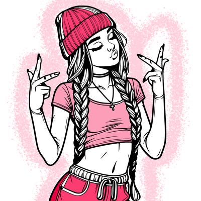 realistic teenage girl with braids and a beanie and crop top doing 🫶🏼