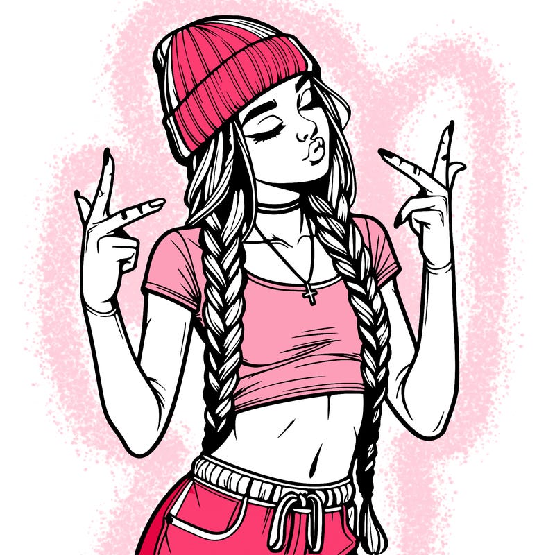 realistic teenage girl with braids and a beanie and crop top doing 🫶🏼