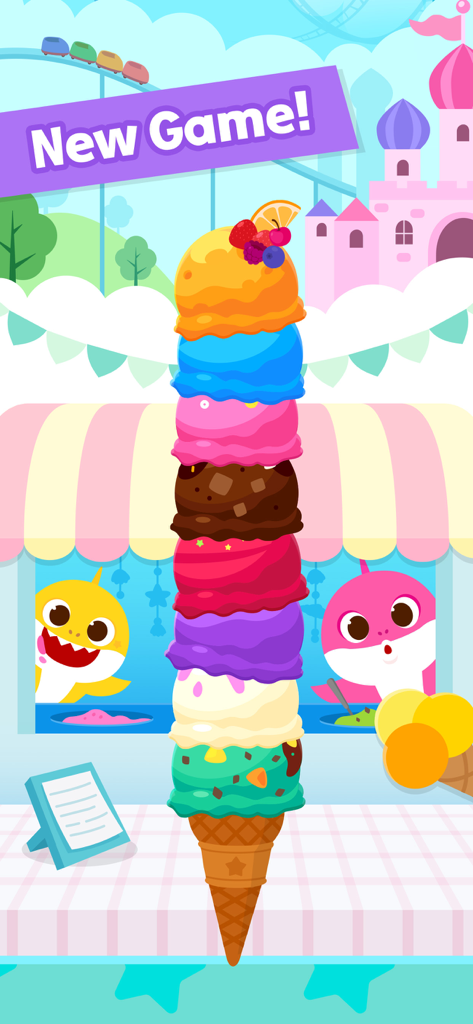Pinkfong Baby Shark Phone - Colorful ice cream stacking game in the Pinkfong Baby Shark Phone app featuring Baby Shark and Mommy Shark.