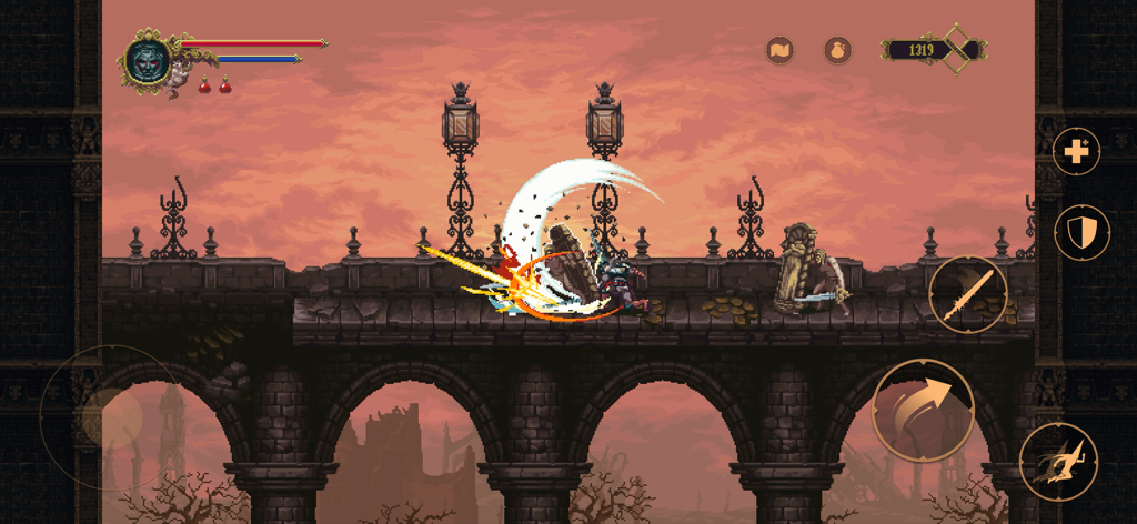 El Plegario atacando a un enemigo en un puente en el juego móvil Blasphemous