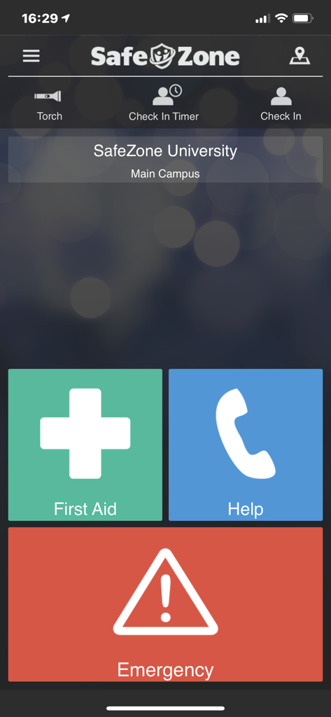 SafeZone - SafeZone app dashboard showing First Aid Help and Emergency contact buttons