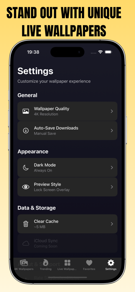 Silly Smiles 4K Live - Settings menu of Silly Smiles 4K Live app showing wallpaper quality and appearance preferences.