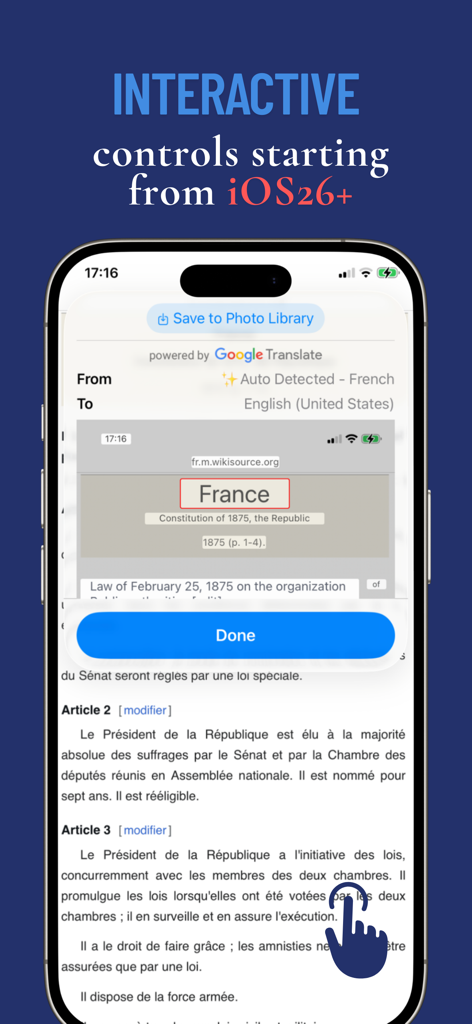Screen Translator TapTranslate interactive overlay translating French text to English on iPhone