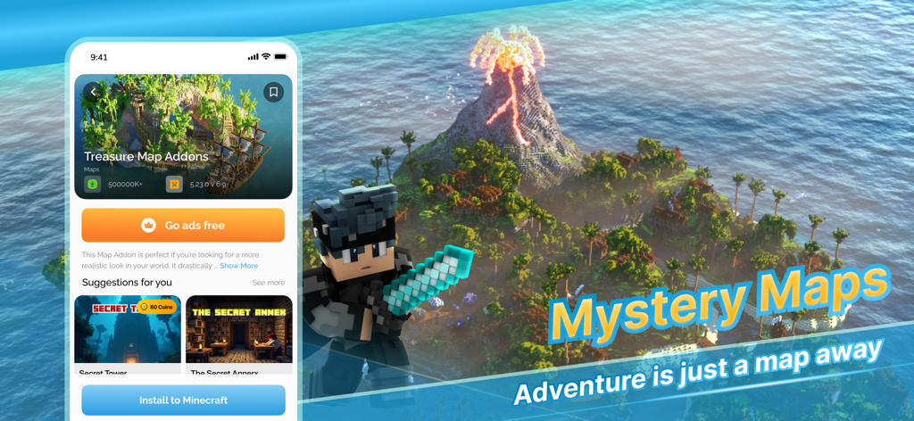 Mods for Minecraft PE: MCPE - A tropical Minecraft island featuring a volcano and a character with a sword next to the mystery maps app interface.