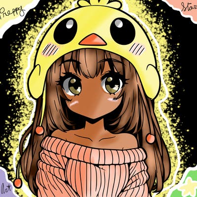anime girl with chick shaped hat with sweater with bare shoulders with bangs covering them one eye with low tail