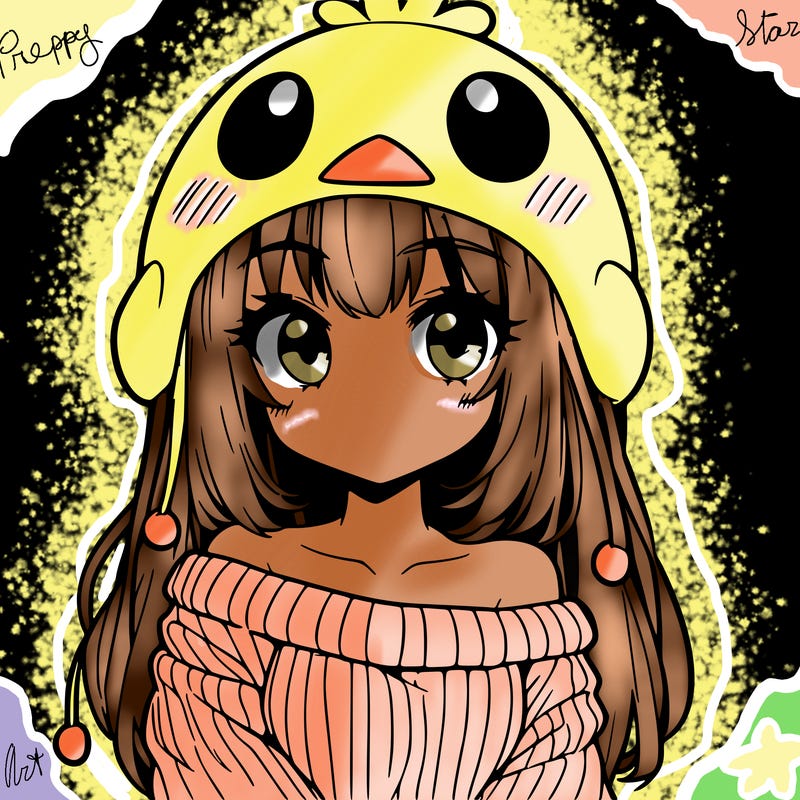 anime girl with chick shaped hat with sweater with bare shoulders with bangs covering them one eye with low tail