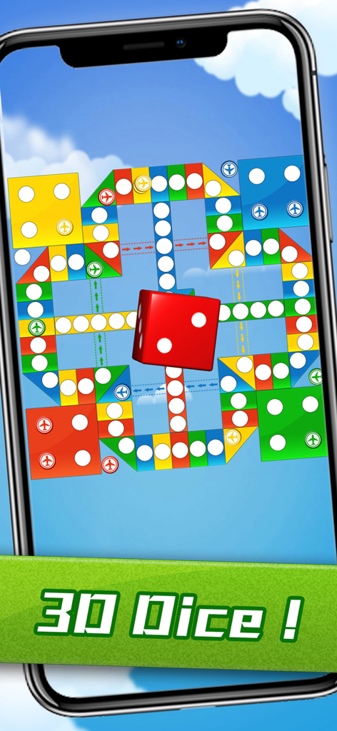Battle Ludo Online - A red 3D die rolling on a colorful Aeroplane Chess board in the Battle Ludo Online mobile app.