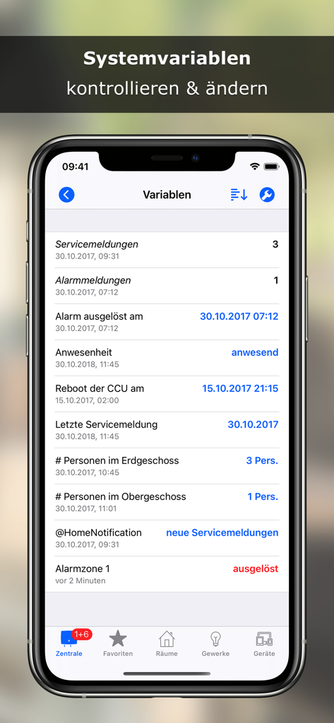 Interfaz de la aplicación @Home para Homematic que muestra una lista de variables del sistema e informes de estado