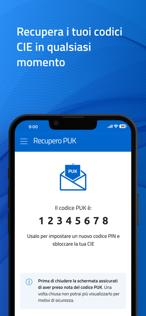 CieID - PUK code recovery screen on the CieID mobile app
