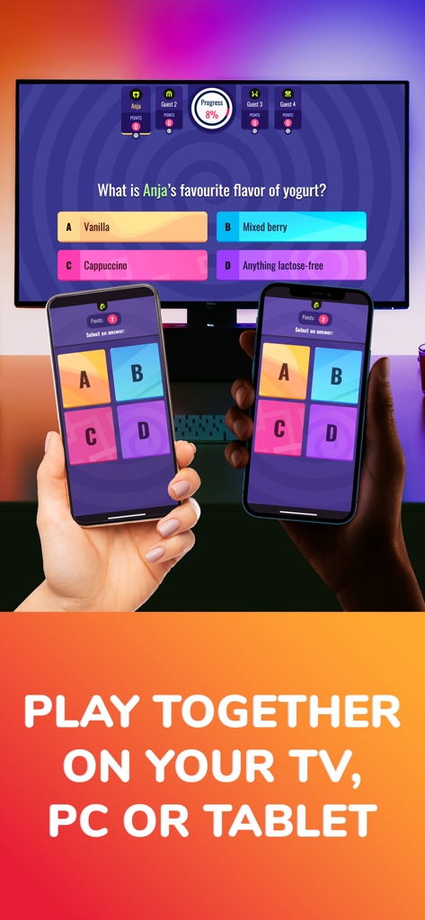 Multiplayer trivia game played on a TV screen with smartphones as controllers