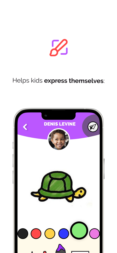 kChat Messenger - chat safely - A mobile app interface showing a child's drawing of a turtle within the kChat Messenger app