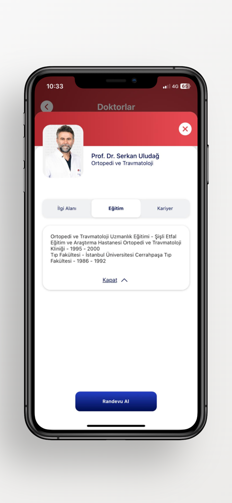 L'écran de profil d'un médecin dans l'application Koç Healthcare affichant l'historique de formation et un bouton pour prendre rendez-vous