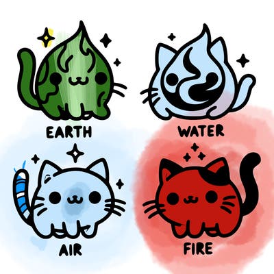 4 cats that represent the different elements, earth, water, air, and fire
