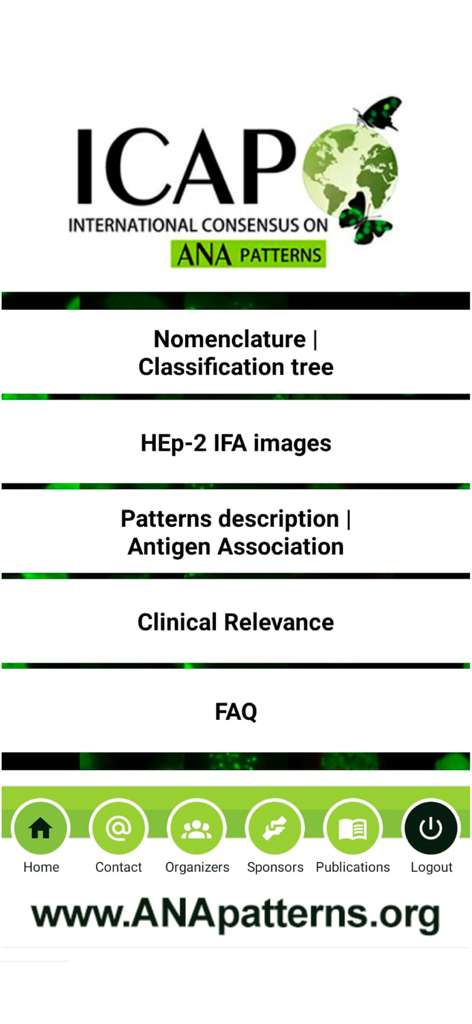 Menú principal de la Aplicación Oficial ICAP que muestra categorías para nomenclatura, imágenes HEp-2 IFA y relevancia clínica de los patrones ANA.