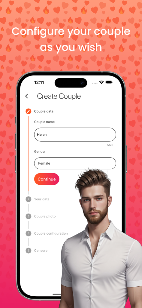AI Girfriend Virtual CoupleAI - Setup screen for creating a virtual AI companion with options for name and gender