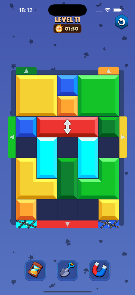 Color Block Jam Games - Una pantalla de juego de puzzle móvil mostrando bloques coloridos en una cuadrícula con flechas deslizantes e iconos de potenciadores en la parte inferior