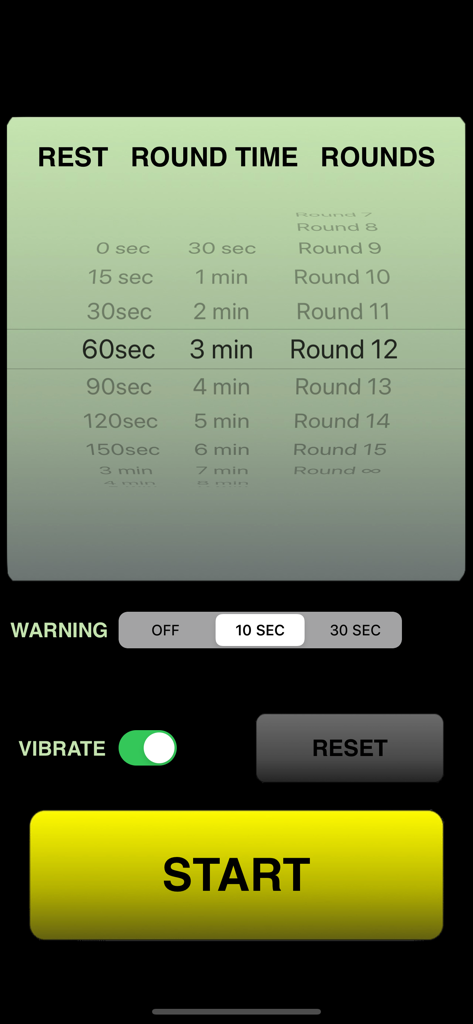 Boxing Round Timer - Boxing round timer app settings screen with large start button