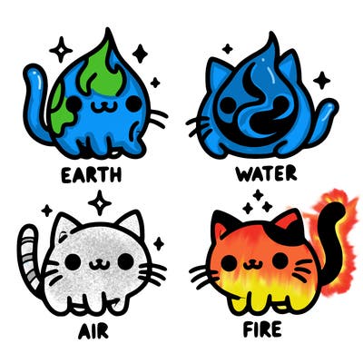 4 cats that represent the different elements, earth, water, air, and fire