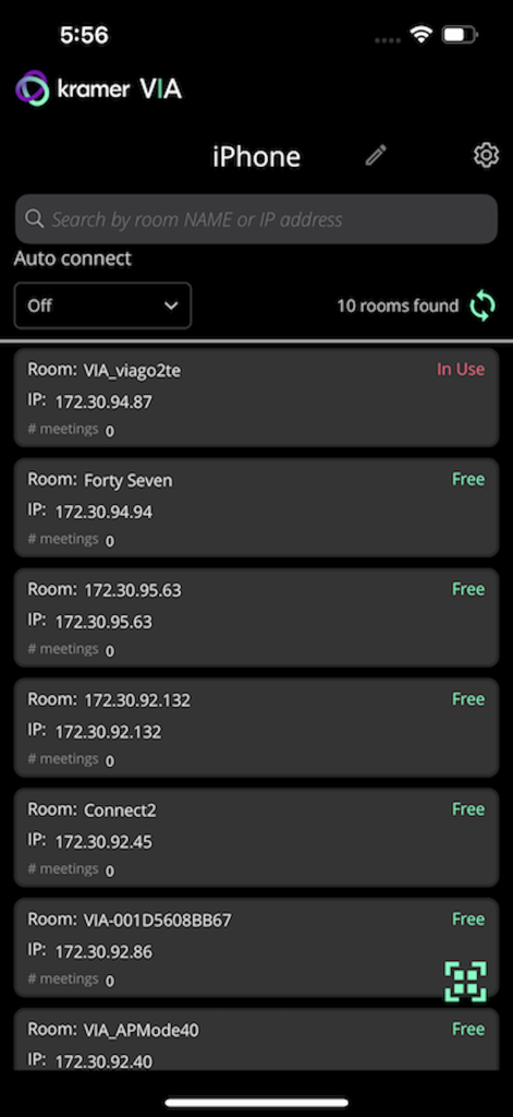 Kramer VIA app interface showing a list of available meeting rooms for wireless connection