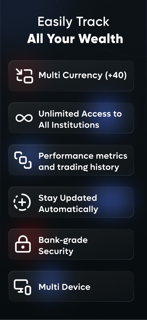 Exirio: Portfolio Tracker - Lista de características de la aplicación Exirio que incluyen seguimiento multidivisa y seguridad de nivel bancario
