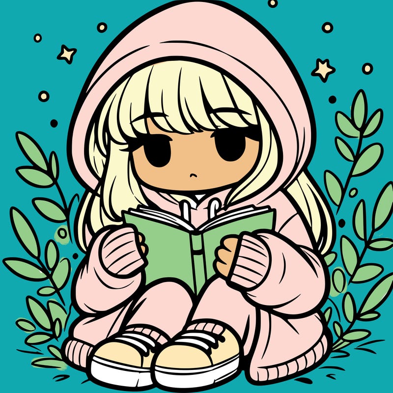 girl in oversized hoodie reading a book
