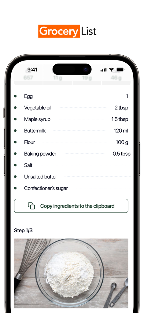 foodela – tasty meal recipes - Una interfaz móvil de la aplicación foodela que muestra una lista de ingredientes de recetas con medidas precisas y un botón para copiarlas al portapapeles.
