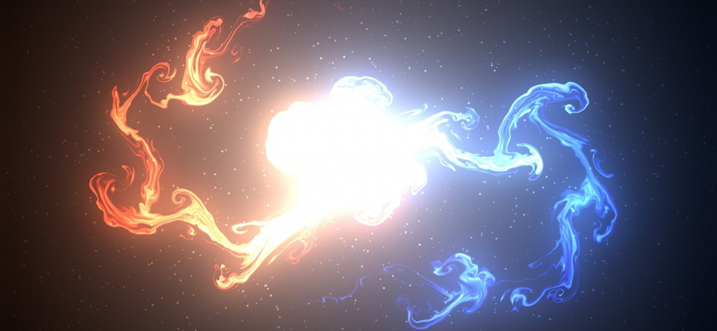 Eine leuchtende abstrakte Flüssigkeitssimulation mit wirbelnden orangefarbenen und blauen Mustern, die sich in einem hellen zentralen Licht treffen