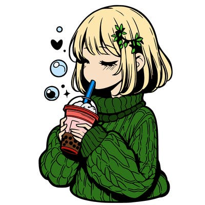 manga girl drinking boba in cozy sweater