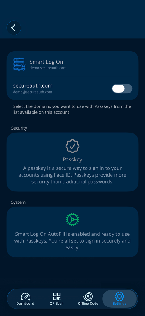 Settings screen of the Smart Log On app showing passkey security and autofill configuration.