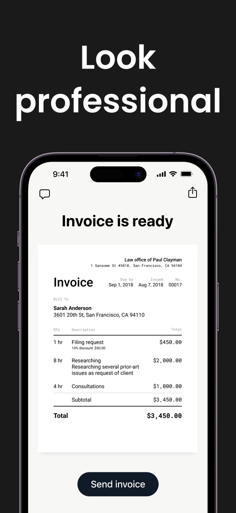 Tofu: Accounting & Bookkeeping - Smartphone screen showing a professional invoice preview in the Tofu accounting app with a send invoice button