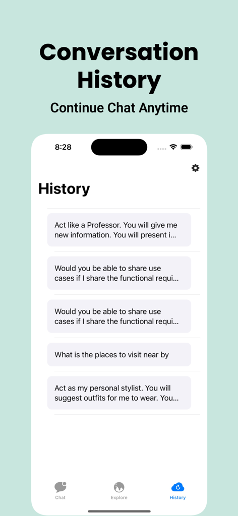 AI Chatbot: SmartAI Assistant - Conversation history screen of the AI Chatbot SmartAI Assistant app showing past chat interactions with a professor and a personal stylist.
