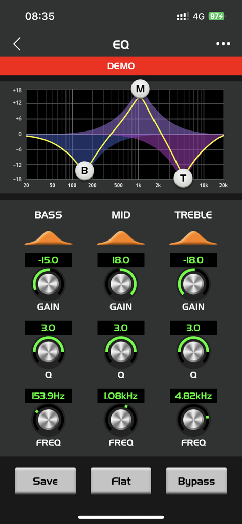 Sound Control DSP - Interface of the Sound Control DSP app showing professional equalizer settings with a frequency graph and adjustment knobs for bass mid and treble