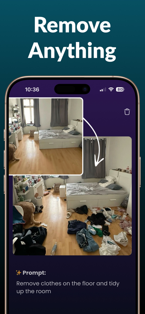 AI Image Editor via Chat - A before and after comparison of a messy bedroom being tidied up using a text prompt in the AI Image Editor app