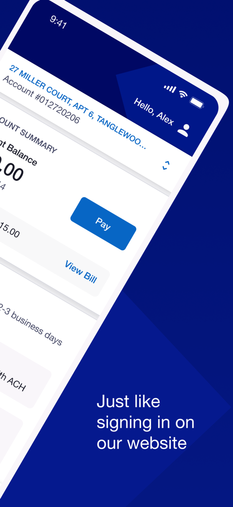 National Grid mobile app interface showing account balance and payment options