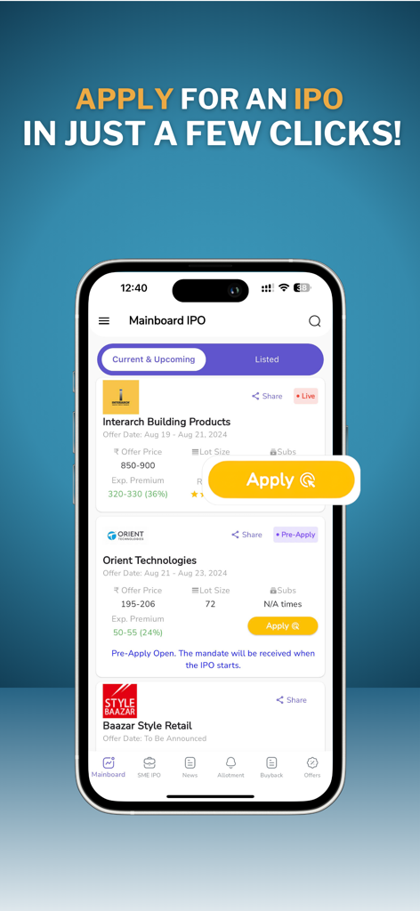 IPO Ji - IPO Info News & Apply - IPO Jiモバイルアプリに現在のメインボードIPOリストと申請ボタンが表示されています