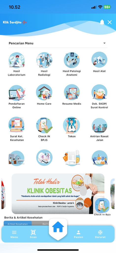 Klik Sardjito Aja - Klik Sardjito Aja app home screen displaying a menu of healthcare services including lab results, online registration, and home care icons.